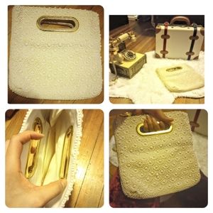 Vintage white clutch, timeless minimalistic, classic with flower shape